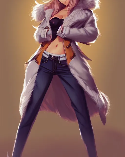 Image similar to fullbody portrait of anthropomorphic half - tiger fluffy cute anime woman in jeans coat, concept art, anime art, by a - 1 picture, trending on artstation artgerm, ross tran, wlop, marc davis