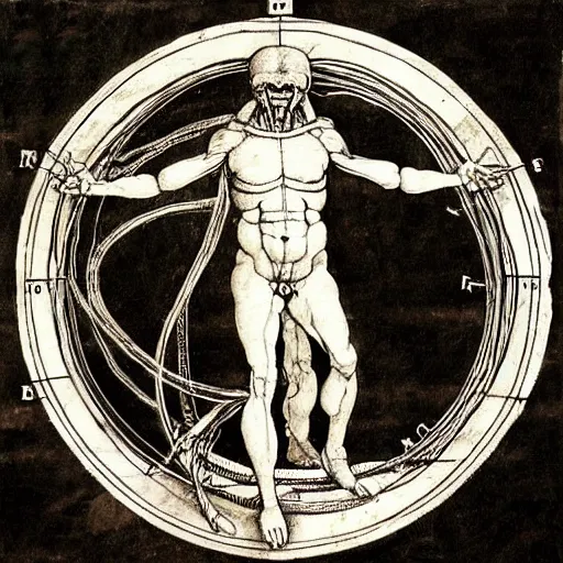 Image similar to a diagram of a xenomorph in the style of leonardo da vinci's vitruvian man