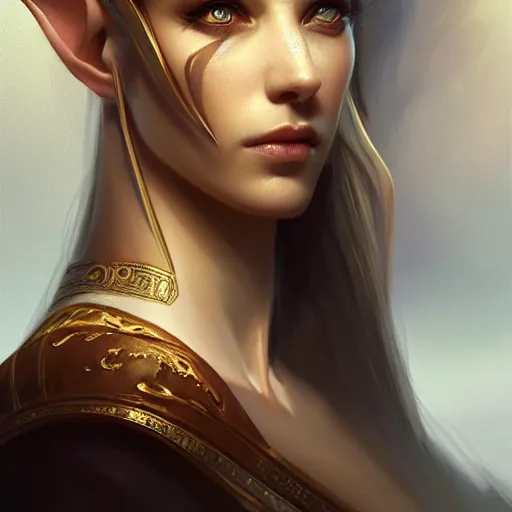 Image similar to Beautiful elegant regal high elf royalty portrait, face centered portrait, Confident, fog, volumetric lighting, beautiful, golden hour, sharp focus, ultra detailed, conceptartworld by Leesha Hannigan, Ross Tran, Thierry Doizon, Kai Carpenter, Ignacio Fernández Ríos