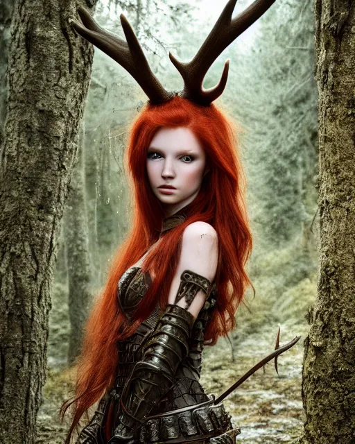 Prompt: 5 5 mm portrait photo of an armored redhead woman warrior, and antlers growing from her head, in a magical forest. by luis royo. highly detailed 8 k. intricate. lifelike. soft light. nikon d 8 5 0. cinematic post - processing