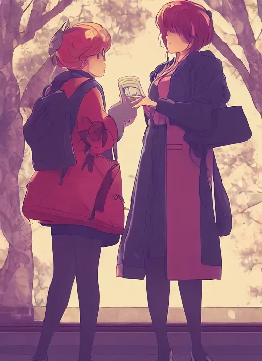 Image similar to two beautiful mothers waiting at a bus stop, gorgeous faces, smooth, thick lines, cinematic lighting, detailed anime art