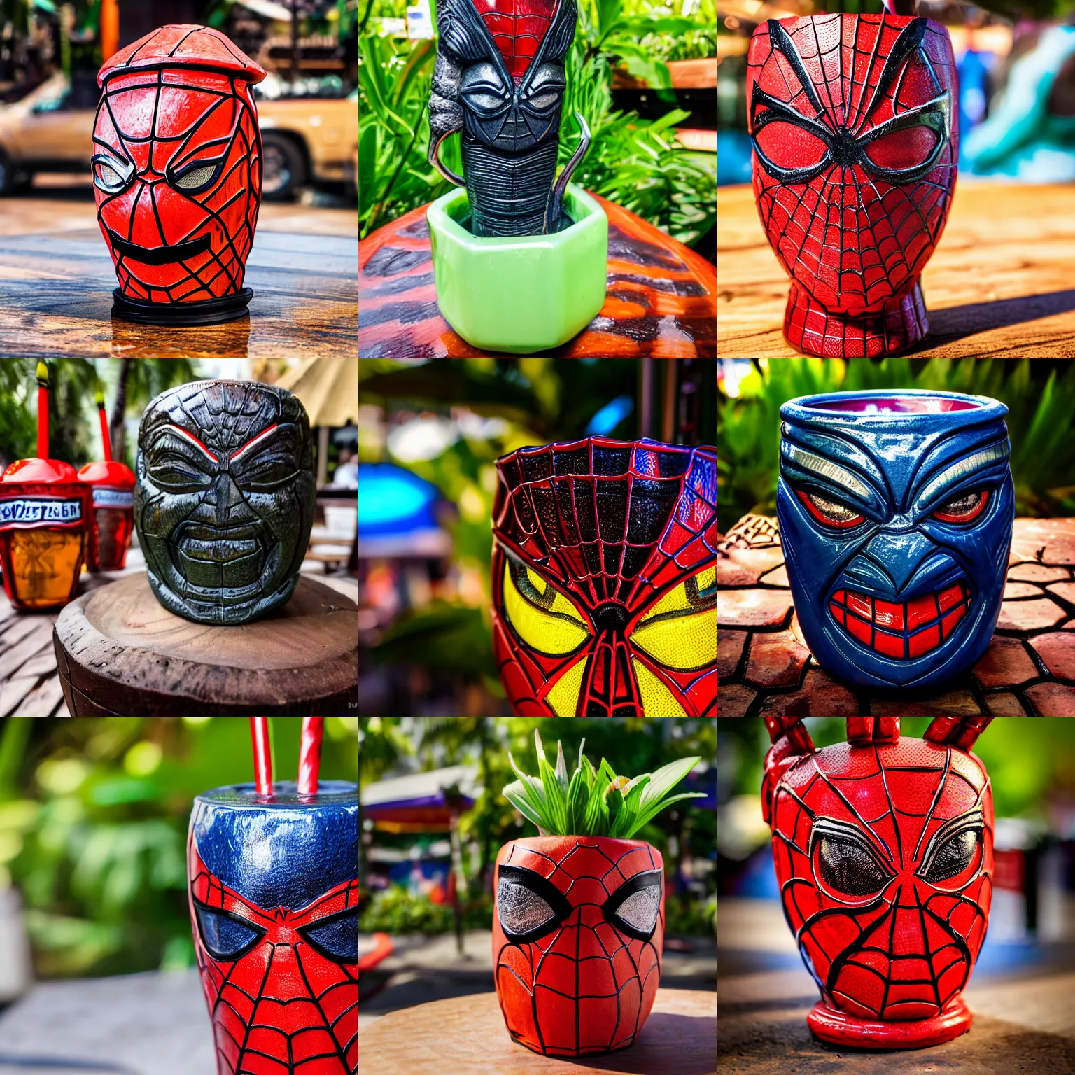 Prompt: a closeup photorealistic capture of glossy spider man style tiki mug at an outdoor trader vic's bar featuring the face of spider man. tiki theme. bright scene. fine detail. this 4 k hd image is trending on artstation, featured on behance, well - rendered, extra crisp, features intricate detail, epic composition and the style of unreal engine.