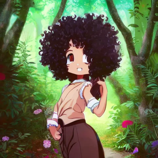 Prompt: A brown girl with black curly hair in a colorful forest, anime, highly detailed, artstation, 8k,