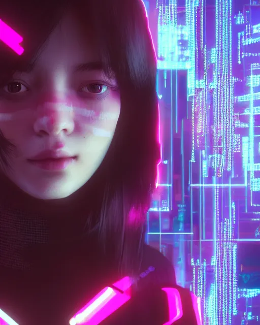 Prompt: Calm AI-girl's face. Very strong glitches on the monitor. Concept art, octane render, glitchcore, glitches, glitch, synthwave, retrowave, cyberpunk, vaporwave, artstation, 8k