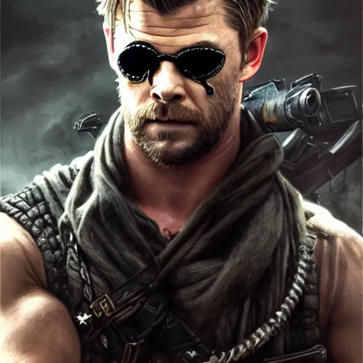 Prompt: Chris Hemsworth with an eye patch as Venom Snake, western, D&D, fantasy, intricate, elegant, highly detailed, digital painting, artstation, concept art, matte, sharp focus, illustration, art by Artgerm and Greg Rutkowski and Alphonse Mucha