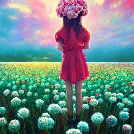 Prompt: head made of carnations flower, girl standing in the middle of a flower field, surreal photography, sunrise dramatic light, impressionist painting, colorful clouds, digital painting, artstation, simon stalenhag, flower face