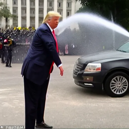 Image similar to donald j. trump spraying brown from his hands, chocolatey spray landing on liberals