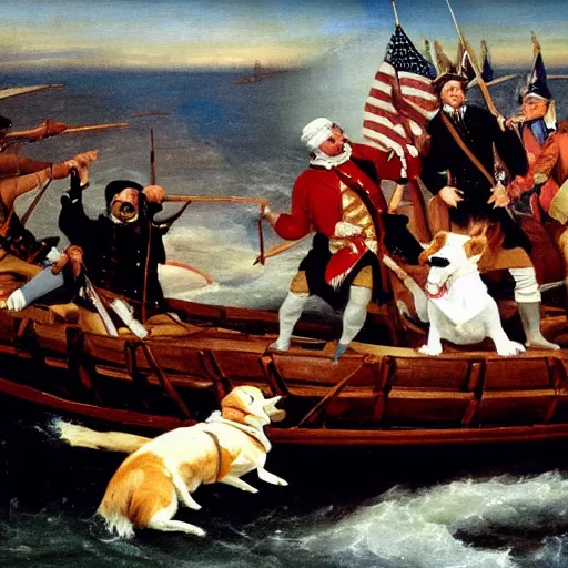 Prompt: Washington crossing the Delaware on a corgi, Painted by Emanuel Leutze