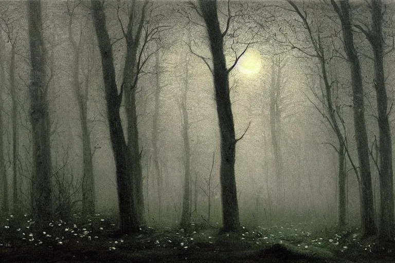 Image similar to dark and spooky painting of a forest dimly lit at night with tiny purple morning glory flowers trailing at the base of trees. foggy cinematic volumetric darkness, muted colour palette, detailed oil painting on canvas robert hughes, john everett millais