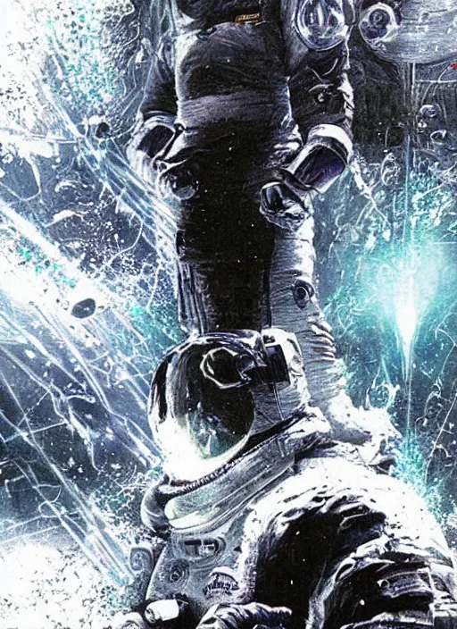 Image similar to astronauts in dark and empty void underwater - complex and hyperdetailed technical suit. reflection and dispersion materials. rays and dispersion of light. volumetric light. 5 0 mm, f / 3 2. noise film photo. flash photography. ultra realistic, wide angle. poster by wayne barlowe, hajime sorayama aaron horkey, craig mullins
