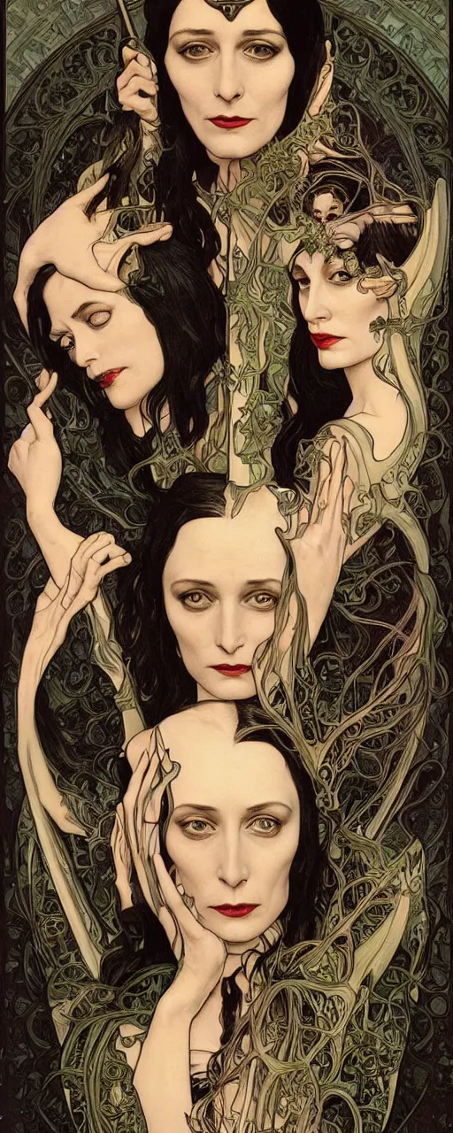 Image similar to stunning hyperdetailed art nouveau portrait of eva green wednesday addams and anjelica huston as the mythological 3 witches, by chris achilleos, michael kaluta and alphonse mucha, photorealism, extremely beautiful, perfect symmetrical facial features, perfect anatomy, strong confident eyes, eldritch powers, witchcraft, magic energy