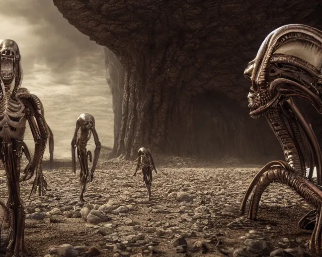 Image similar to film still of alien hunting saul goodman, illustration, unreal engine 5, 8 k, directed by h. r. giger.