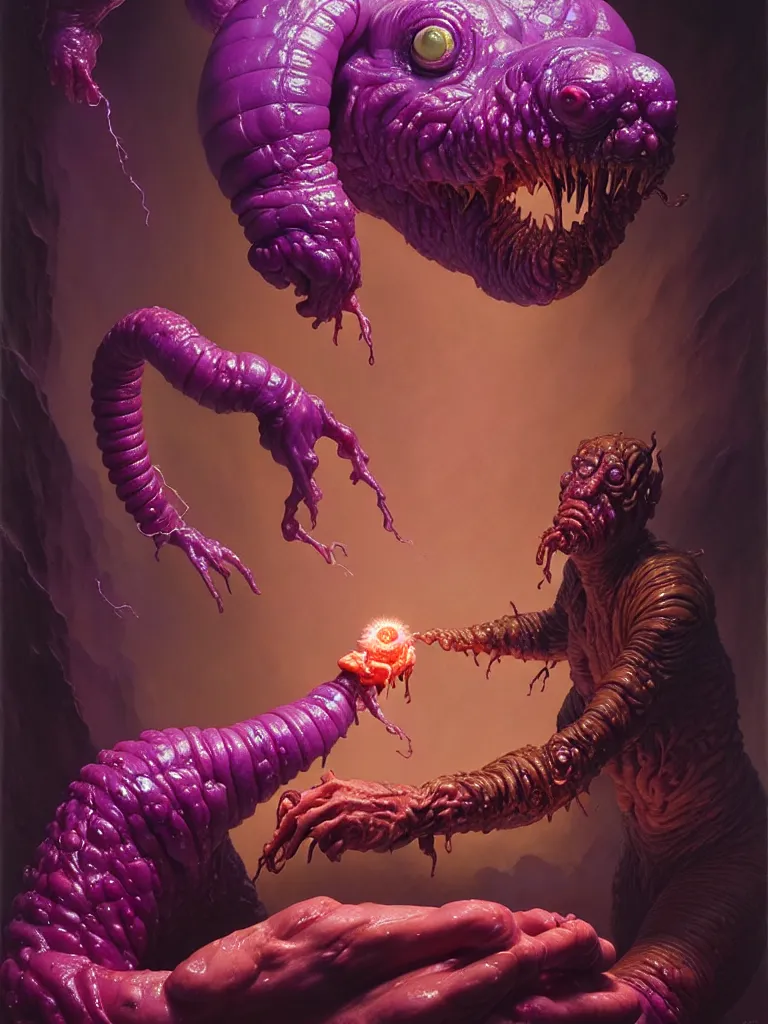 Image similar to hyperrealistic rendering, fat smooth cronenberg flesh monster d & d purple worm by donato giancola and greg rutkowski and wayne barlow and zdzisław beksinski, eyeballs, lightning, magic runes, product photography, action figure, sofubi, studio lighting, colored gels, colored background