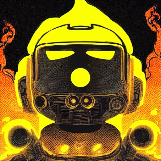 Image similar to helmet lion cyberpunk made of yellow lava and fire in borderlands 3 style, profile portrait, digital illustration, vector art, drawing, mecha, epic size, epic scale, macro art