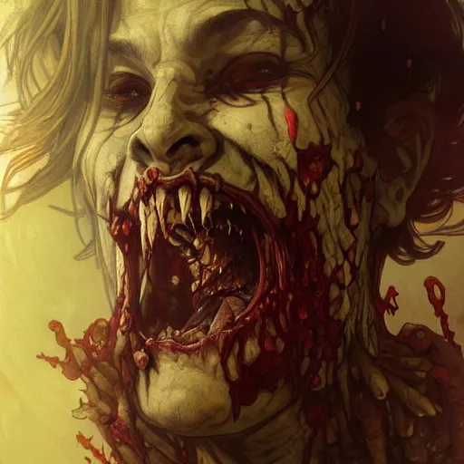 Image similar to horrific zombie man screaming, intricate, art by artgerm and greg rutkowski and alphonse mucha and william - adolphe bouguereau, high detailed, 4 k,