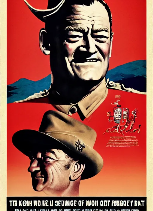 Prompt: propaganda poster john wayne as king of england, 8 k, trending on artstation
