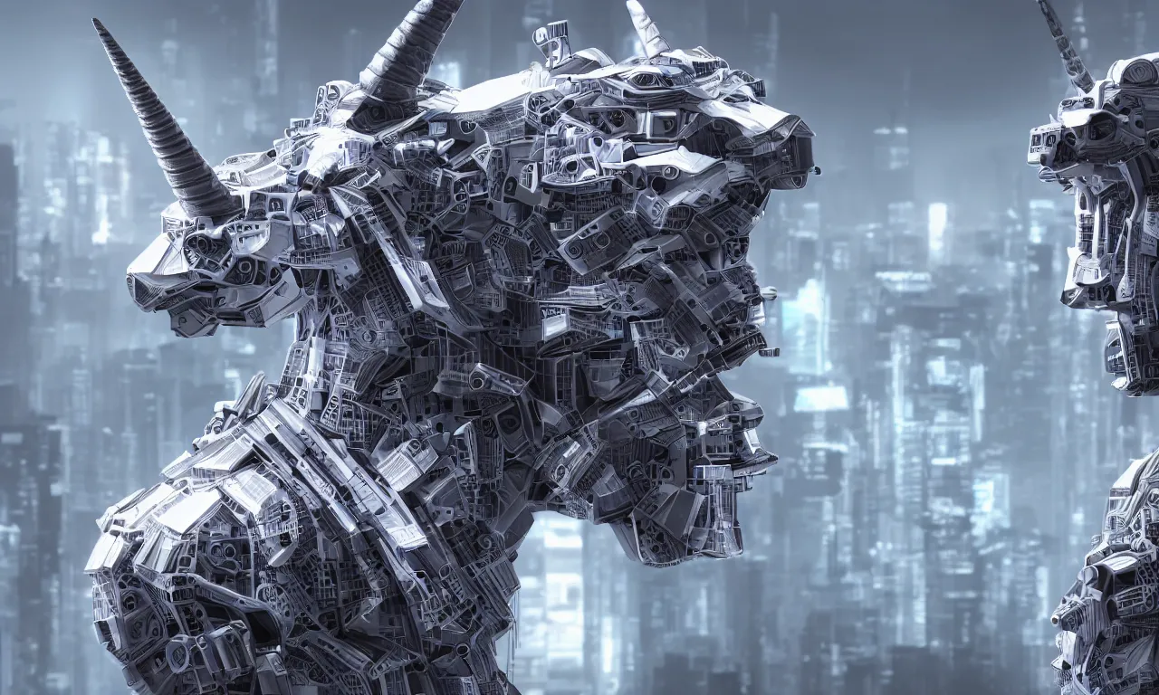 Prompt: A unicorn, machine, cyberpunk, 3D, detailed, 8k