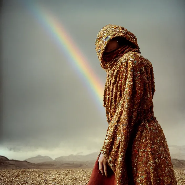 Prompt: closeup portrait of a woman with a hood made of nails and rainbows, standing in a desolate apocalyptic landscape, by Annie Leibovitz and Steve McCurry, natural light, detailed face, CANON Eos C300, ƒ1.8, 35mm, 8K, medium-format print