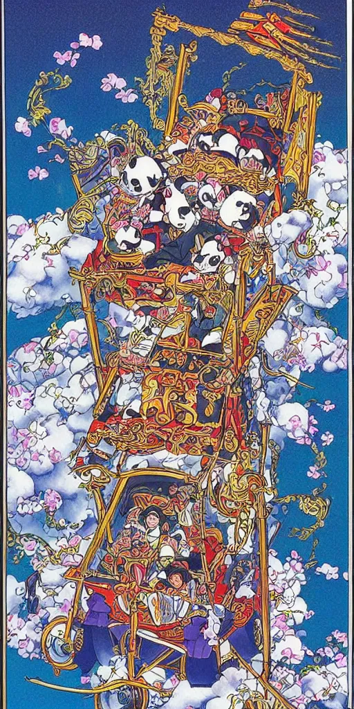 Image similar to a chariot drawn by pandas in japan, 1990s anime, full color, tarot card the chariot, highly detailed