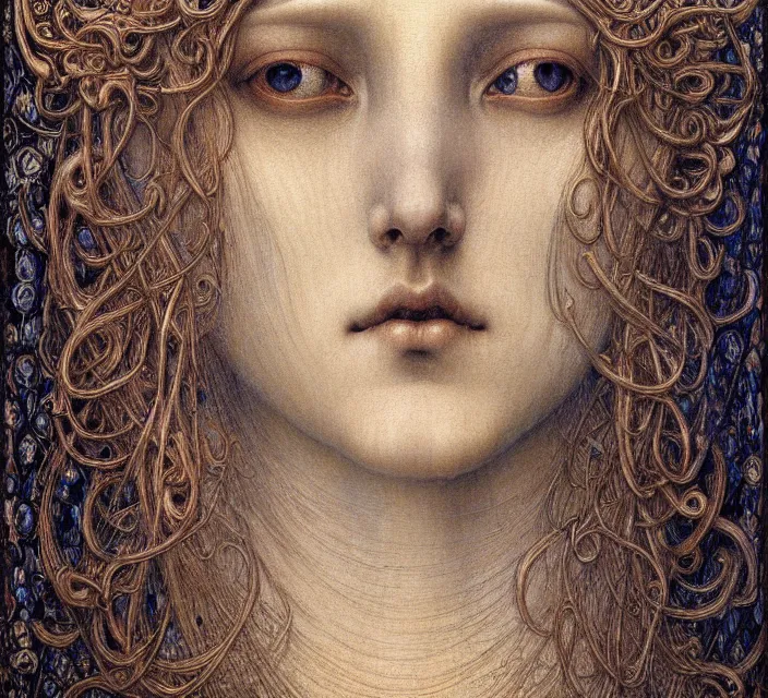 Image similar to detailed realistic beautiful young medieval queen face portrait by jean delville, gustave dore and marco mazzoni, art nouveau, symbolist, visionary, gothic, pre - raphaelite. horizontal symmetry