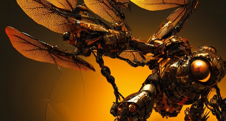 Image similar to dragon fly robot, hyperdetailed, close up, artstation, cgsociety, golden hour 8k