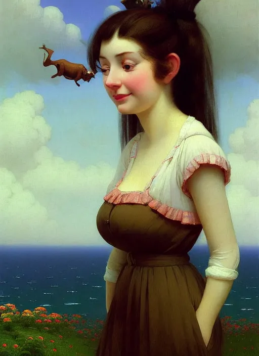 Image similar to hyper detailed 3 d render like a oil painting - cute portrait of a brunette called emma, italian looks, long brunette hair, with a smiling cow looking over her shoulder by ryden, kawase hasui, dorothea tanning, edward hopper and james gilleard, aivazovsky, beksinski, outram, artstation