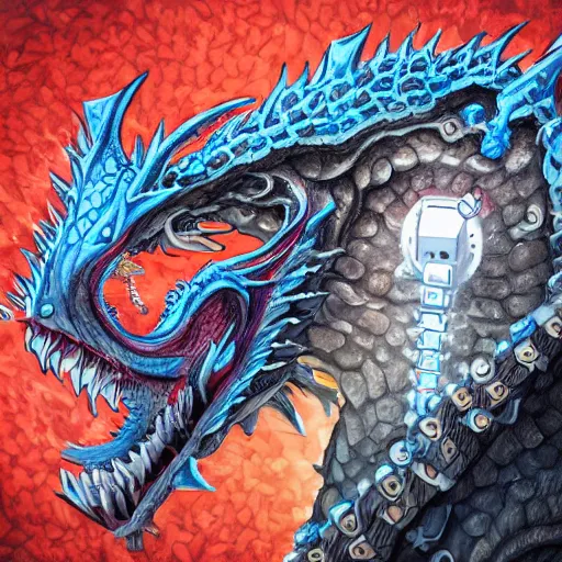 Image similar to extremely detailed portrait of intricate fat robot dragon with digital blocks in the background