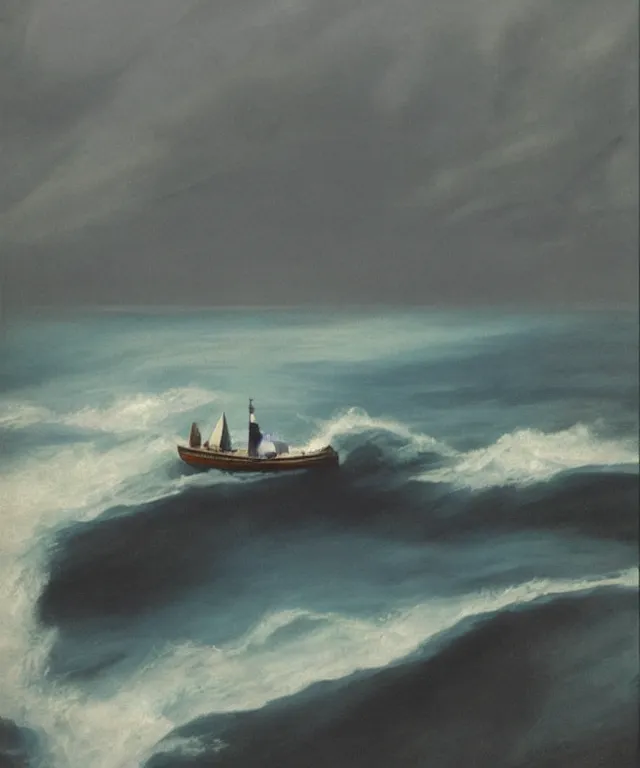 Image similar to photorealistic blue - toned painting of a 1 9 2 5 bay boat sailing near a jamaican cliff with the mouth of a sea cave at the waterline, dark, brooding, atmospheric, lovecraft, horror, smooth, epic, highly detailed, cinematic