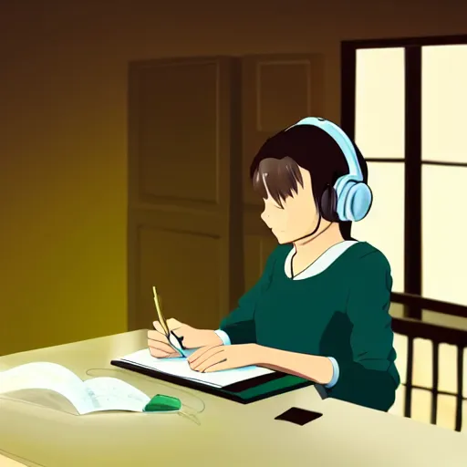 Prompt: a beautiful side view portrait of a beautiful girl sitting on her desktop writing something, headphones on, hand on her chin, nightlamp, digital art, anime, studio ghibli style, window and city background