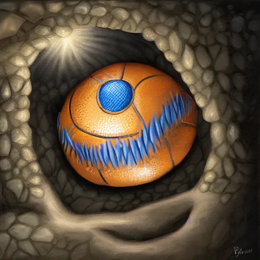 Image similar to a mimic disguised as a basketball inside of a cave gnarling it's teeth, fantasy, digital painting