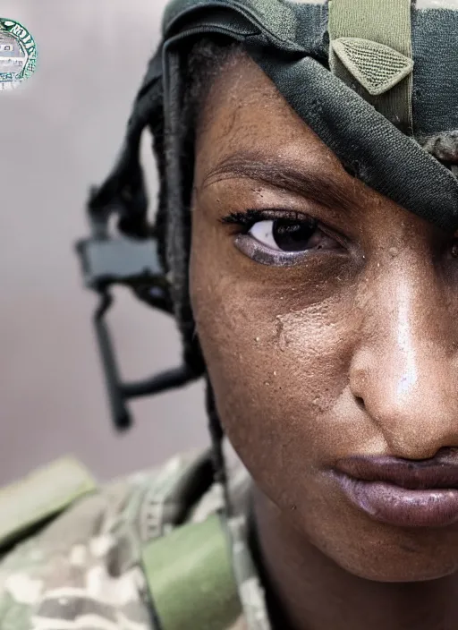 Prompt: black female special forces soldier, photography, highly detailed, brave, dirty face