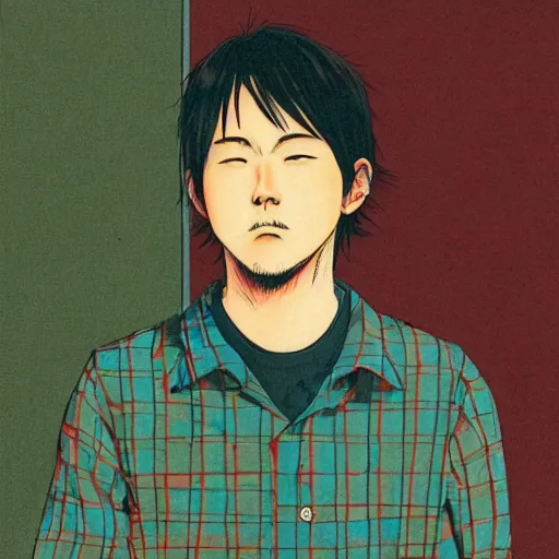 Image similar to a colorful portait of a 2 4 years old man with an orange sweetshirt made by inio asano, detailed