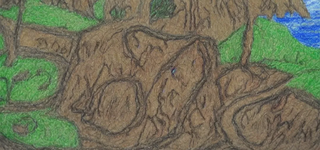 Image similar to The Shire poorly drawn in wax crayon by a five-year old