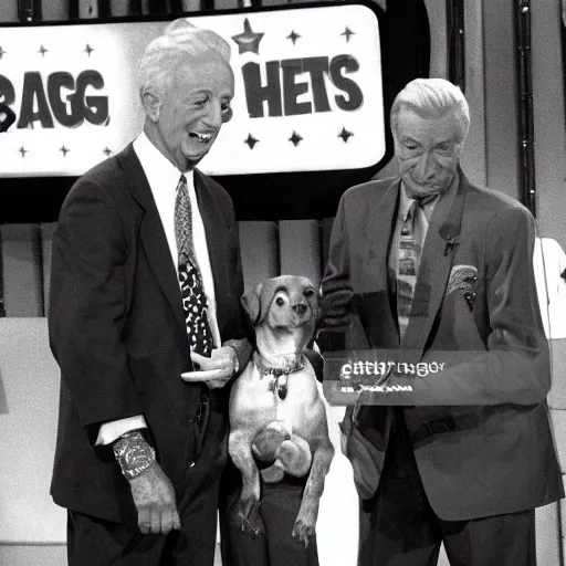 Image similar to bob barker preparing to spay price is right contestant's dog, tv footage, gameshow, 1 9 9 5