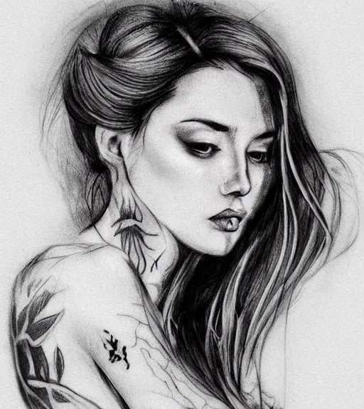 Image similar to tattoo design sketch of an extremely beautiful woman face with a faded background of stunning mountain view on her side, hyper - realistic, in the style of matteo pasqualin, amazing detail, black and white, faded