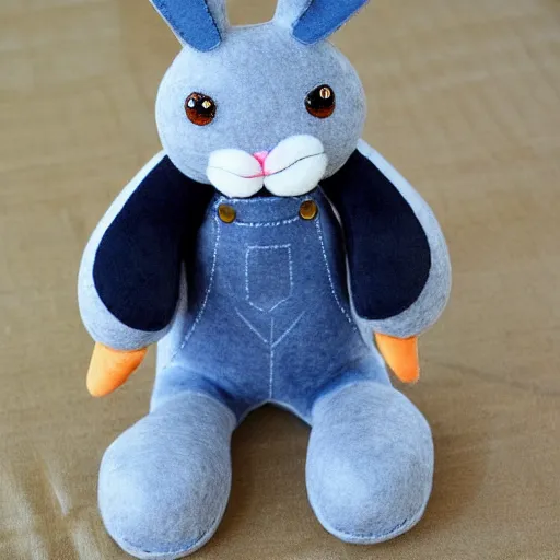 Image similar to a cute elegant felt plush doll of a rabbit wearing overalls detailed highly realistic