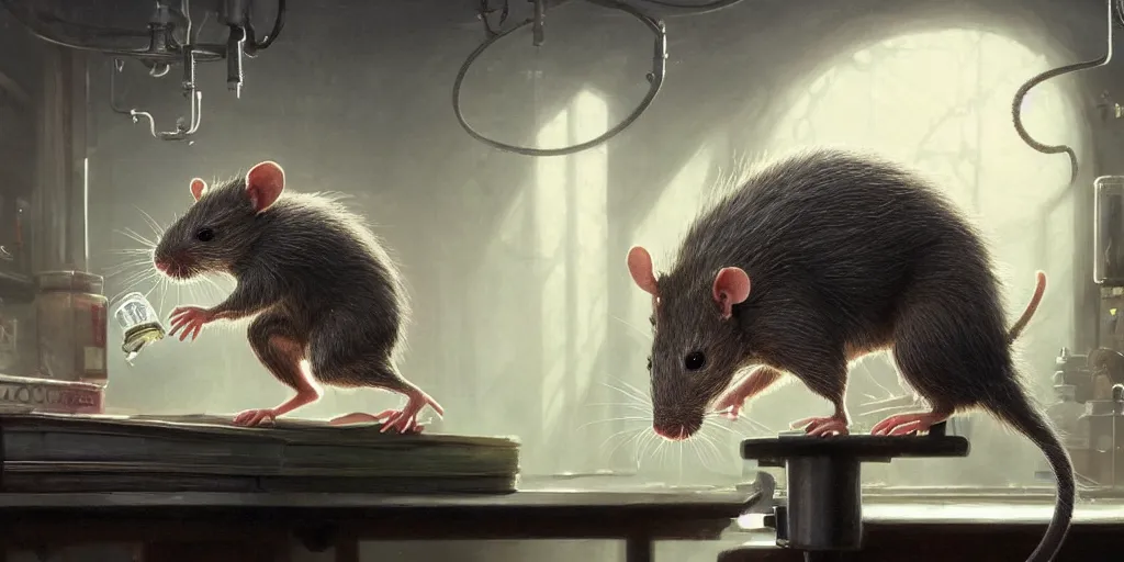 Image similar to highly realistic intricate rat standing on a desk in a laboratory with lots of flasks filled with magic liquids and poisonous fog, stephen bliss, unreal engine, fantasy art by greg rutkowski, loish, rhads, ferdinand knab, ilya kuvshinov, rossdraws, tom bagshaw, global illumination, radiant soft light, detailed and intricate environment