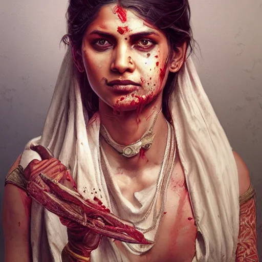 Image similar to portrait painting of a bloodied indian female butcher, ultra realistic, concept art, intricate details, eerie, highly detailed, photorealistic, octane render, 8 k, unreal engine. art by artgerm and greg rutkowski and alphonse mucha