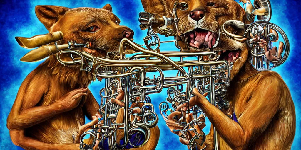 Image similar to highly detailed digital artwork of a dingo - man dingo man dingoman chimera with a salvador dali mustache. he is playing the psychedelic trumpet electronic trumpet.