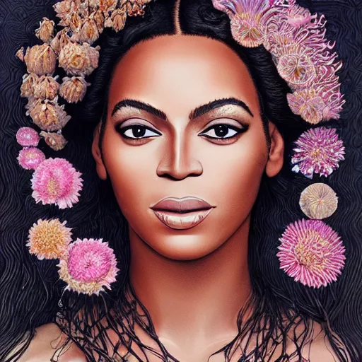 Image similar to facial portrait of Beyonce as a young pretty woman in flowing dress, arrogant, mysterious, long fine flowing hair, delicate, looking at camera, slightly awkward smile, realistic face, no hands visible, intricate, stylish, elegant, grimdark fantasy, flowers, extremely detailed painting by Martine Johanna and Ernst Haeckel and Greg Rutkowski