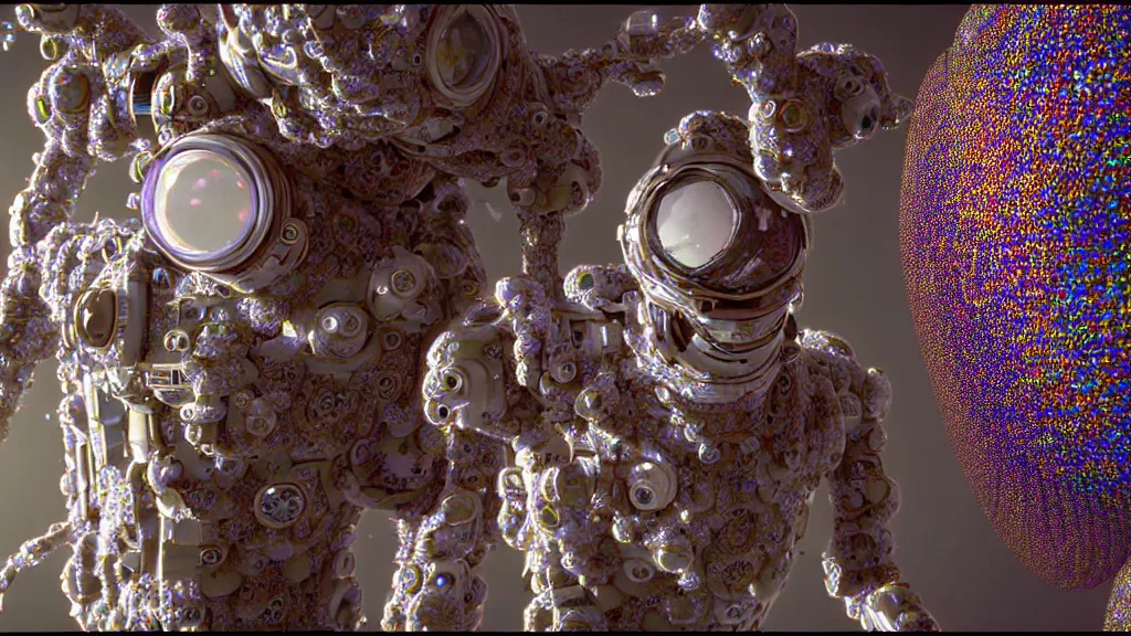 Image similar to a cybernetic symbiosis of a single astronaut mech-organic eva suit made of pearlescent wearing knitted shiny ceramic multi colored yarn thread infected with diamond 3d fractal lace iridescent bubble 3d skin dotted covered with orb stalks of insectoid compound eye camera lenses floats through the living room, film still from the movie directed by Denis Villeneuve with art direction by Salvador Dalí, wide lens,kevlar,carbon fiber,ceramics,gaseous materials,