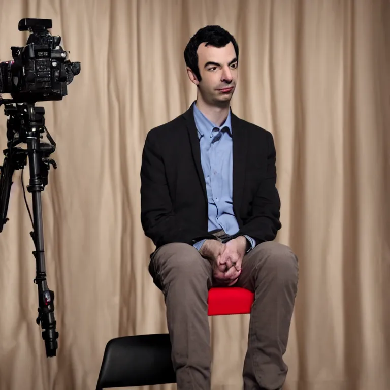 Image similar to focused dslr photograph of nathan fielder from nathan for you on comedy central controlling a puppet version of himself filmed by a tv crew on a stage with a red curtain, meta, fractal, trippy, high detail!!! 8 k, photorealism, sharp focus, volumetric lighting, coherent!!! art directed, rule of thirds, face