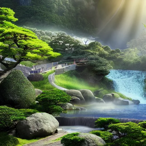 Prompt: view from the mountain top to see a costal city on an alient planet, elven architecture buildings, 8k, wide angle view, hyper realistic, waterfall under bridge, sunlight shining through into the city, zen japanese gardens, sakura trees, japanese autumn tree 18 4k photorealistic, volumetric lighting, HD, high details, dramatic, trending on artstation