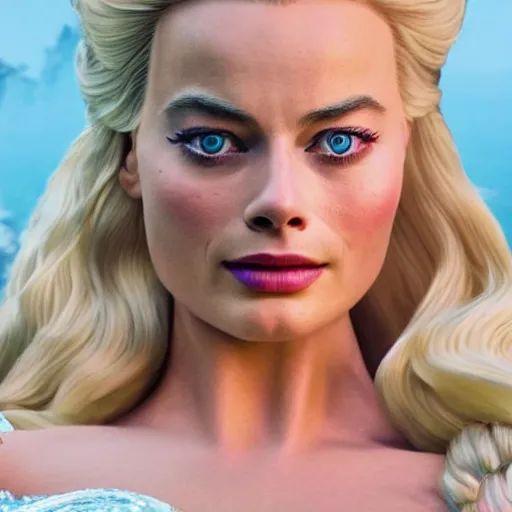 Image similar to Margot Robbie as Elsa in disney frozen live action, 8k full HD photo, cinematic lighting, anatomically correct, oscar award winning, action filled, correct eye placement,