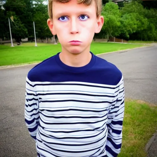 Prompt: serious looking 9 year old boy with googly eyes