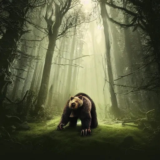 Prompt: a giant bear-shaped lovecraft monster beast with 6 arms running quickly through a woodland, scary bear monster, 4 arms, magical forest, fantasy, Ireland, England, king Arthur, Lord of the rings, cinematic, realistic style, beautiful, majestic, dramatic lighting, early morning, dawn CGsociety, realistic, hyper maximalist, golden ratio, octane render, rule of thirds, wide shot , 8k resolution, epic volumetric light, cinematography, concept art, Artstation trending, environments, fantasy