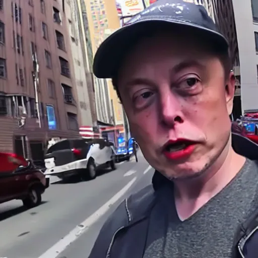 Image similar to bodycam footage of a homeless elon musk going crazy and scamming people, new york streets, wide angle, fisheye, uhd, 4 8 0 p, bodycam, paparazzi, bad quality, pov