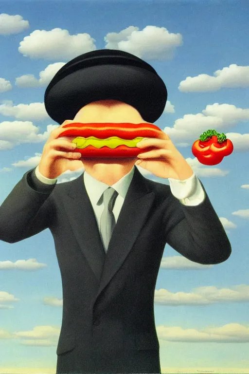 Prompt: Rene Magritte's Son Of Man painting with a floating hotdog blocking the face, the hotdog has a stem and leaves