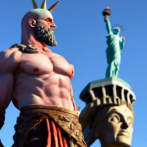 Prompt: kratos the god of war statue standing next to the statue of liberty, same size ultra detail - s 2