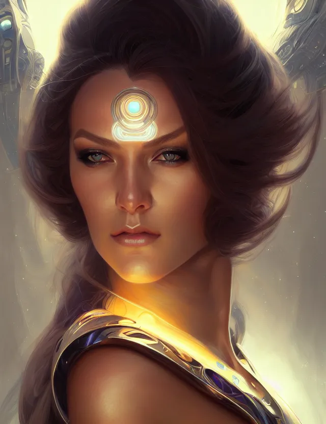 Image similar to futuristic woman portrait, sci-fi, amber eyes, face, long hair, fantasy, intricate, elegant, highly detailed, digital painting, artstation, concept art, smooth, sharp focus, illustration, art by artgerm and greg rutkowski and alphonse mucha